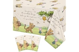 LOPEASTAR 3Pcs Classic Winnie Bear Baby Shower Birthday Decorations Quotes Table Cloths, Neutral Rectangle 54 x 108Inch Disposable Vintage Pooh Bear Tablecloths for Winnie Gender Reveal 1st Birthday Decorations