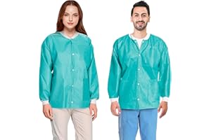 AMZ Medical Supply Disposable Lab Jackets 45 GSM SMS. Hip-Length Snap Front Jacket with Knit Cuffs & Collar, 3 Pockets