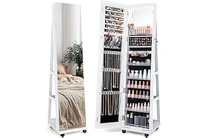 LOKO 360° Rotating Jewelry Armoire, Lockable Jewelry Organizer with 3-Color LED Lights, Standing Jewelry Cabinet with Full-Length Mirror, Built-in Makeup Mirror for Girls Women Gift (White)