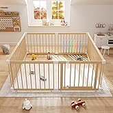 IKALIFE Large Wooden Baby Playpen - Size Adjustable Fence for Babies and Toddlers, Baby Play Yard with Locking Gate, Indoor Play Pen for Kids Activity Center 8 Panels 63.5”×63.5”