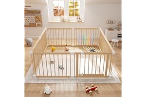 IKALIFE Large Wooden Baby Playpen - Size Adjustable Fence for Babies and Toddlers, Baby Play Yard with Locking Gate, Indoor Play Pen for Kids Activity Center 63.5”×63.5”