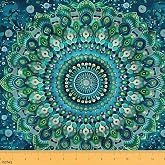 Erosebridal Peacock Feather Fabric by The Yard Soft Geometric Fabric | Gorgeous Lotus Hippie Spots Mandala Upholstery Fabric Green Teal Blue Petal Print Decor Fabrics, 1 Yard Not Stretchy