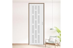 HARDJULAN 30X79in Frosted Acrylic Glass PVC Accordion Folding Door for Closet,Multifold Interior Door with Installation Hardware,Includes Handle and Latch,White Beech