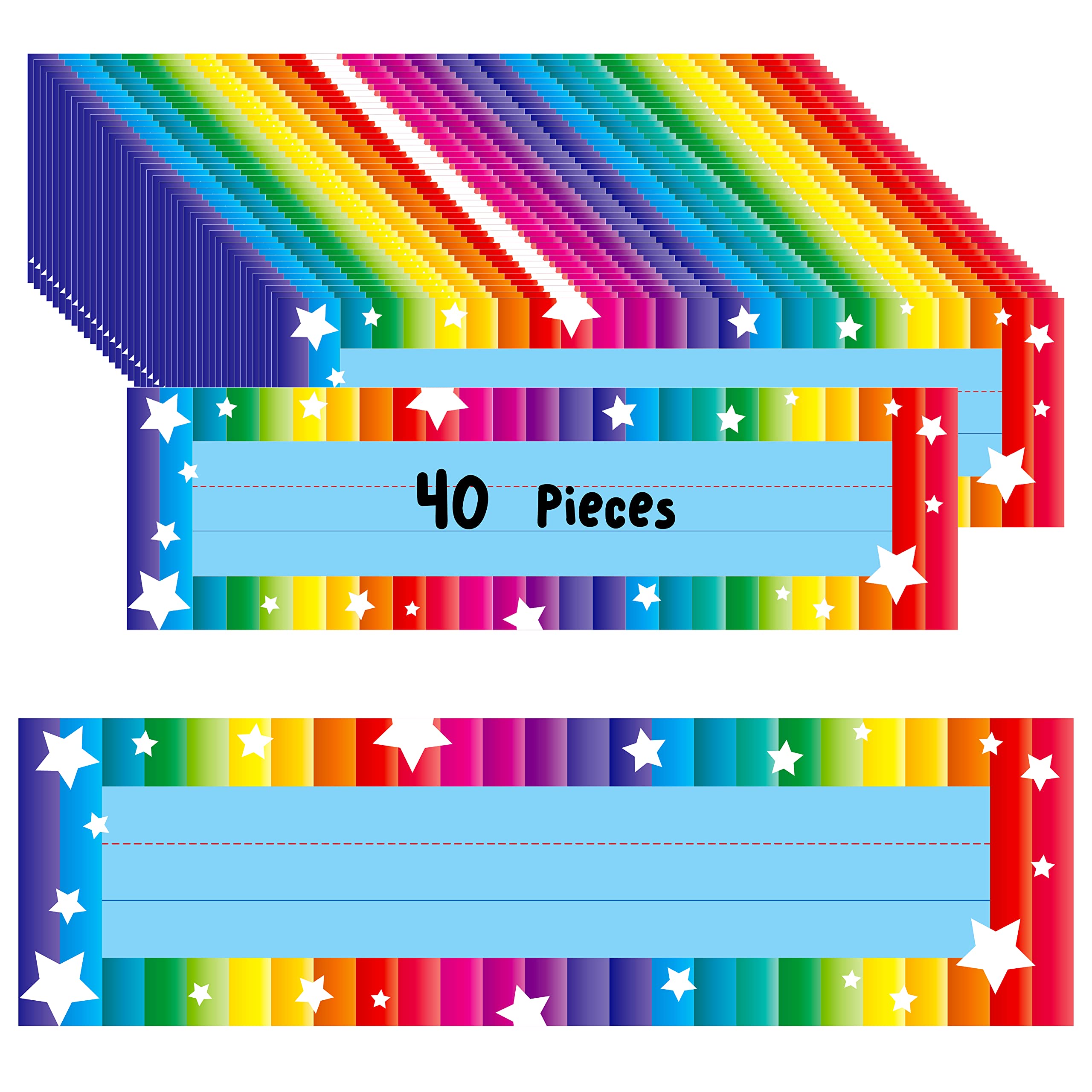 40PCS Desk Nameplates, Desk Name Tags with Double Sided PET Film Colorful Student Name Labels Erasable & Reusable Traditional Manuscript Name Plates for School Classroom Organization (10” x 2.8”) — image 1