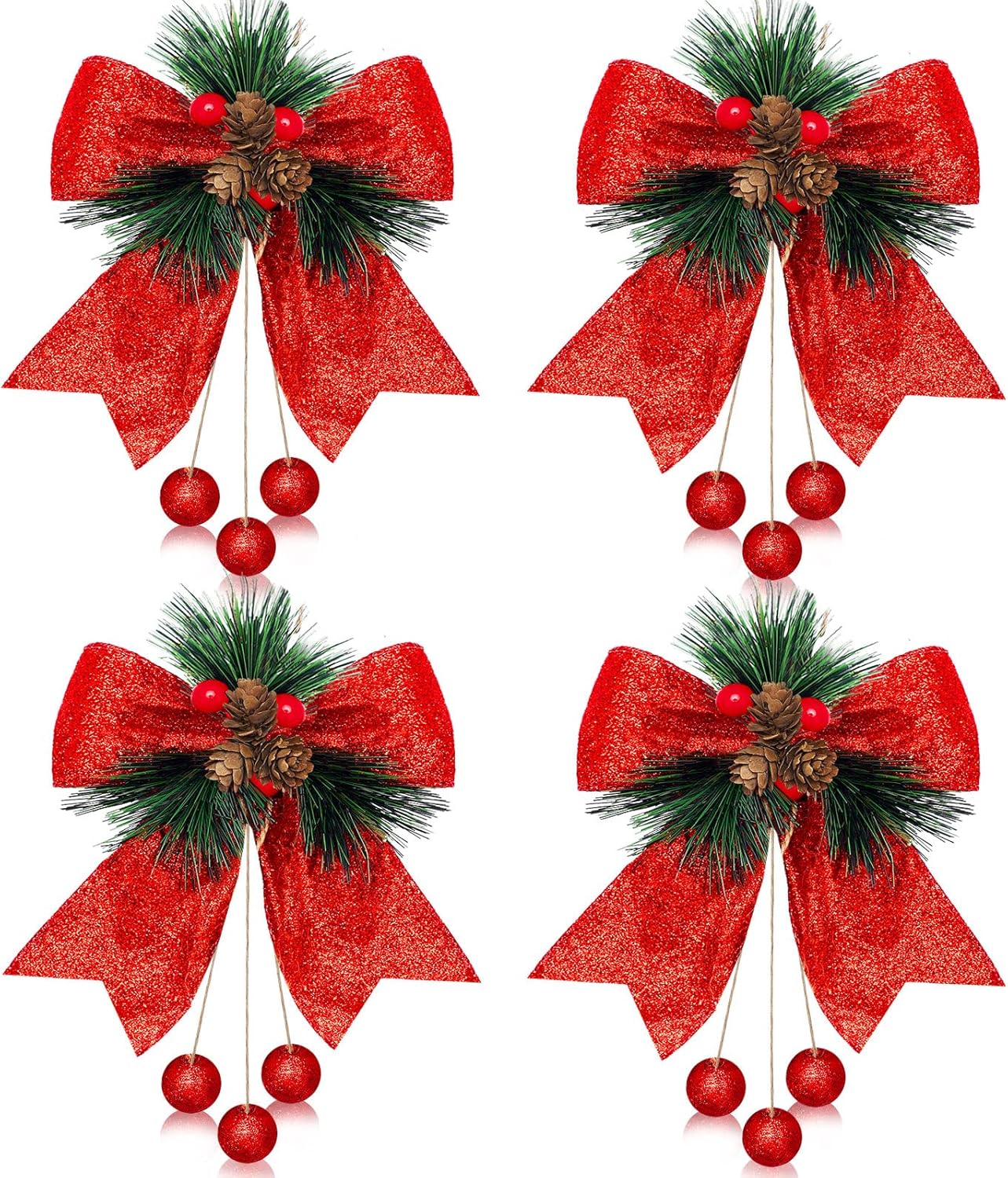 Bows & Ribbons - Xinnun Christmas Buffalo Plaid Bow with Pine Cones Pine Needles Large Xmas Decorative Wreath Bow with Hanging Wood Beads for Christmas Tree Crafts DIY Decor (Red,4 Pieces)