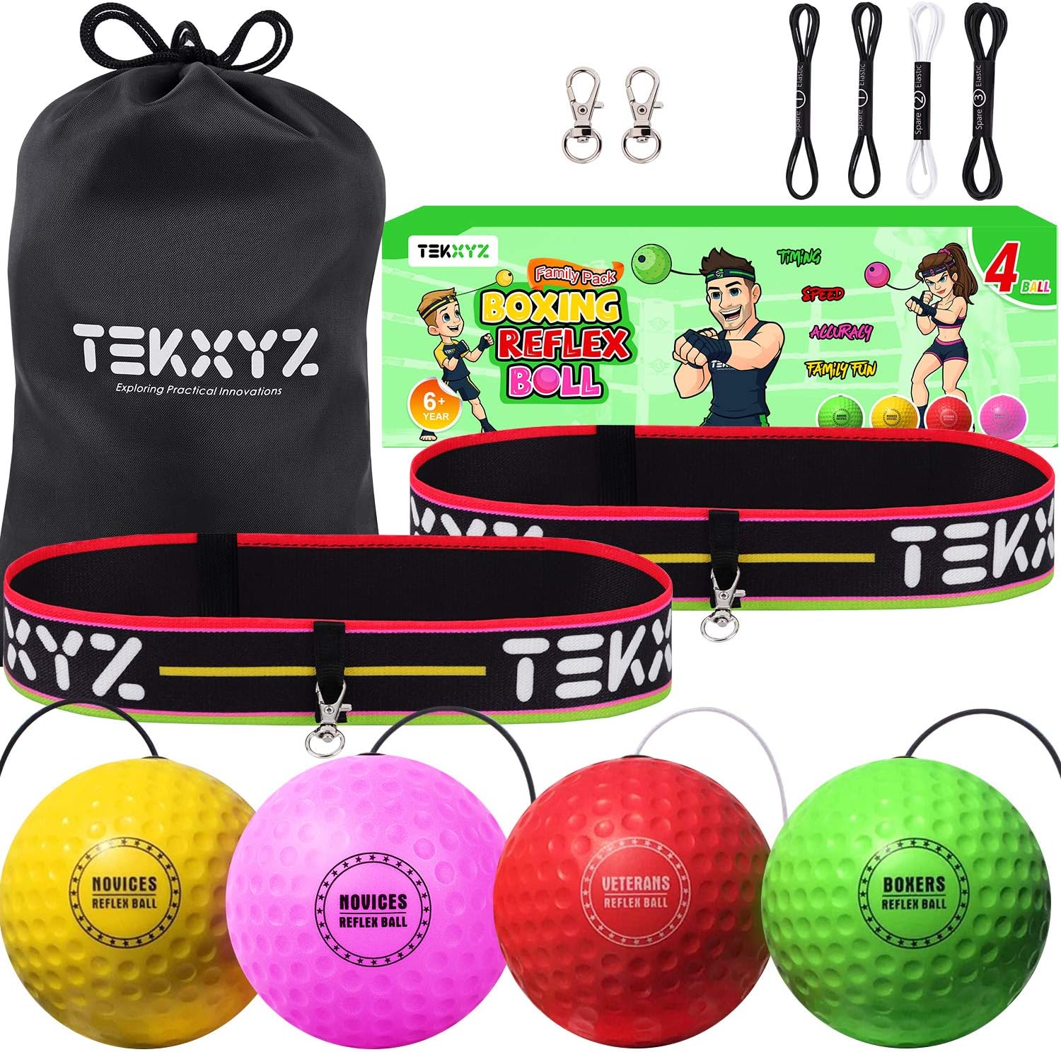 TEKXYZ Boxing Reflex Ball, 2/3/4 Different Boxing Ball with Headband, Softer Than Tennis Ball, Perfect for Reaction, Agility, Punching Speed, Fight Skill and Hand Eye Coordination Training