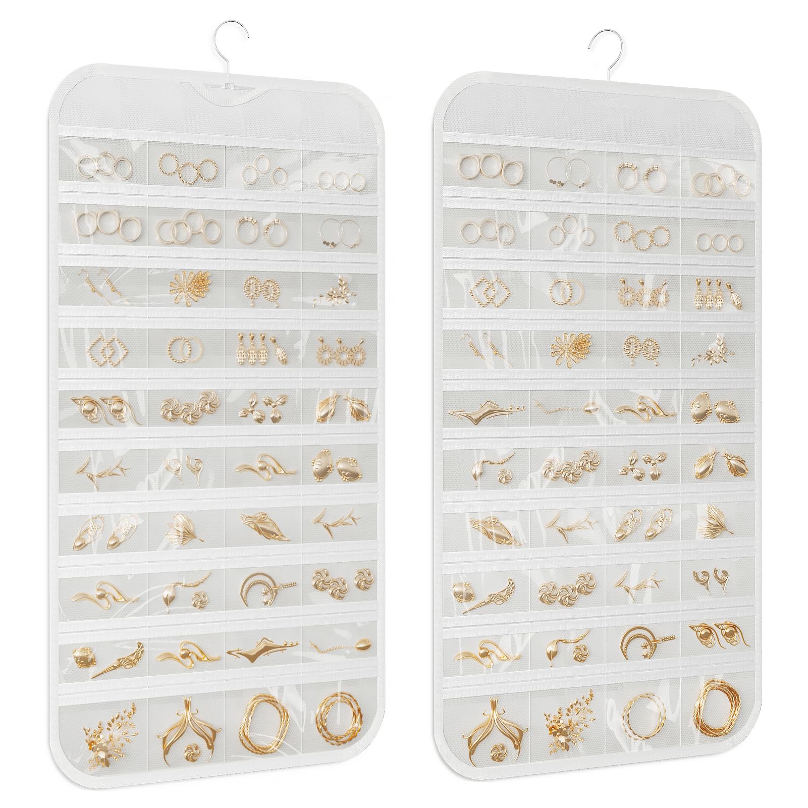 Photo 1 of DonYeco 2-Pack Hanging Jewelry Organizer 80-Pocket Dual-sided Jewelry Storage for Jewelry Earring Necklace Bracelet Ring Storage Travel Holder, White