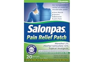 Salonpas Pain Relief Patch, 20 Count (Pack of 1), Up to 12 Hours Temporary Relief of Mild to Moderate Pain, Backache, Sore Muscle, Sprains, Bruises