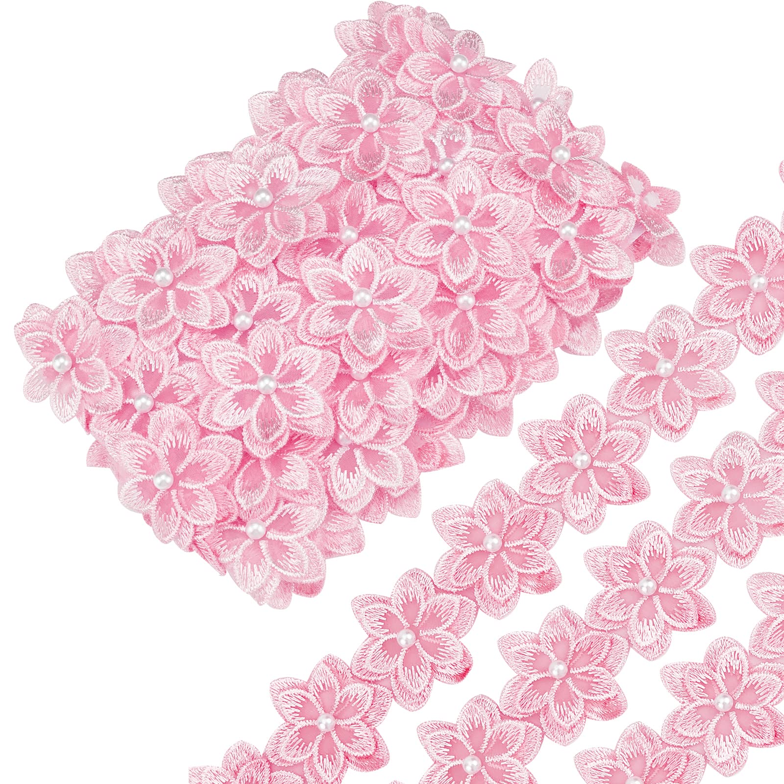 GORGECRAFT 5 Yard 3D Organza Flower Lace Edge Trim Ribbon Pearl Beads Edging Trimmings Embroidered Applique Fabric Vintage Sewing Craft for Wedding Dress Embellishment DIY Dress Decor(Pink)