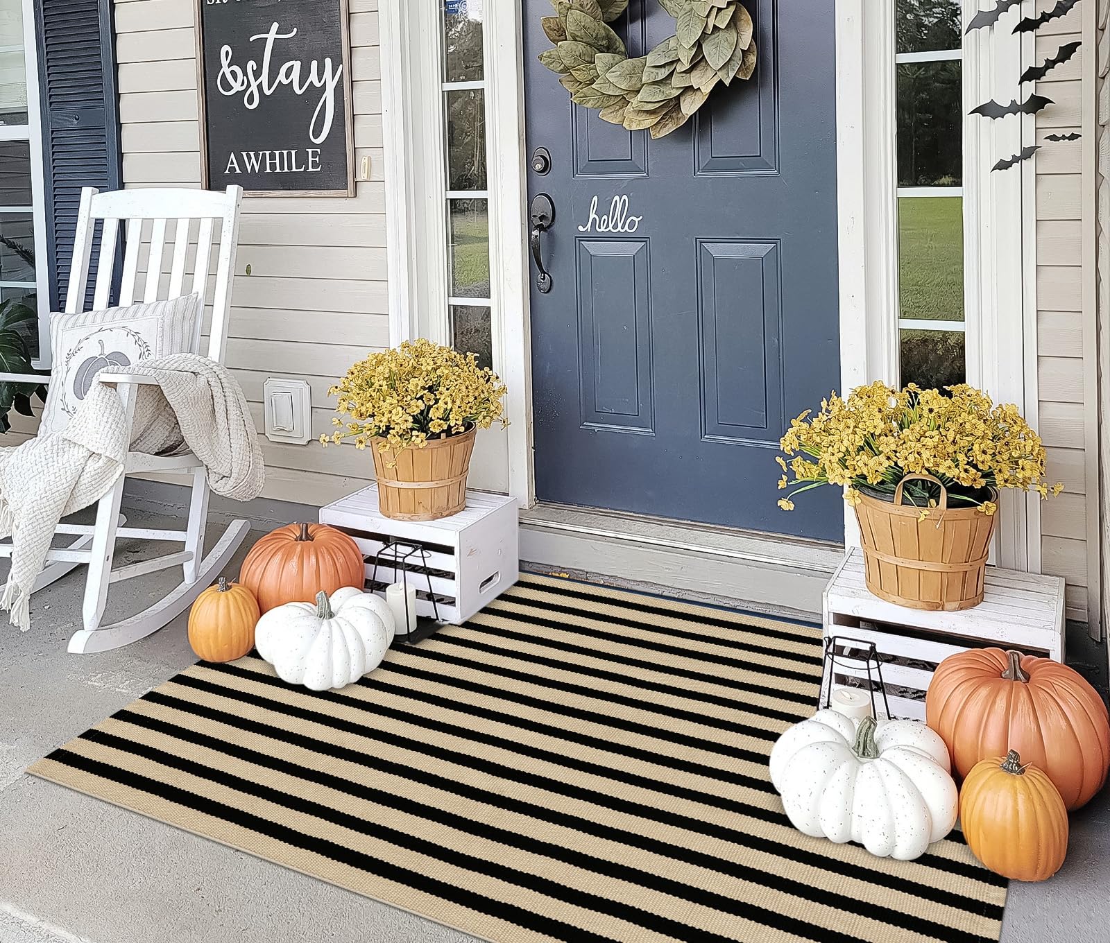Photo 1 of OJIA Washable Outdoor Rug 3'x5', Black and Tan Striped Outdoor Porch Rug Entryway Rugs Indoor Fall Front Door Mat Outside Entrance Cotton Floor Carpet for Entry/Patio/Bedroom/Living Room