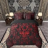 Erosebridal Gothic Damask Bed in a Bag Queen Comforter Set 7 Piece,Butterfly Skull Bedding Sets Red Black Victorian Floral Goth Sheet Set with Comforter