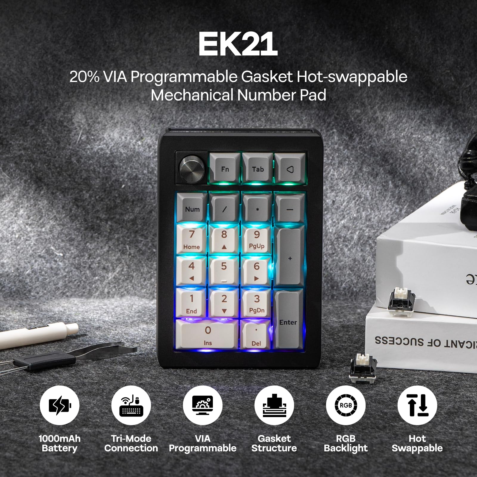 EPOMAKER EK21 VIA Gasket Numeric Keypad with 1000mAh Battery, BT 5.0/2.4GHz/Wired, Hot Swappable, Number Pad Aluminum Alloy Knob, Programmable for Windows, Mac, Gaming (Black Silver, Wisteria V2
