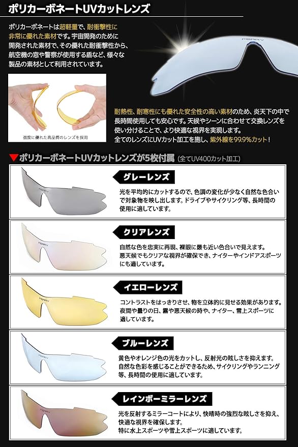 Amazon フェリー Ferry スポーツサングラス ミラーレンズ フルセット専用交換レンズ5枚 ユニセックス イエロー ブラック Ferry フェリー スポーツサングラス