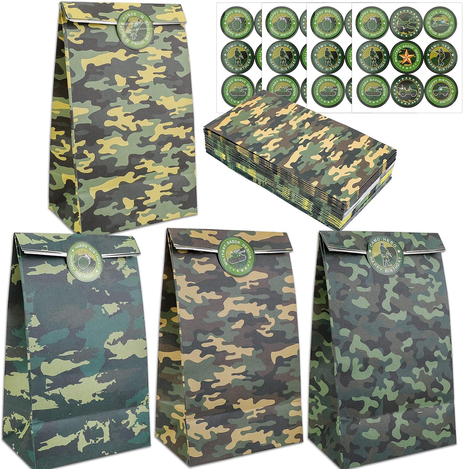 Qpout 24 Pack Camouflage Treat Bags With 36 Stickers, 4 Styles Military Theme Birthday Party Candy Cookie Bags