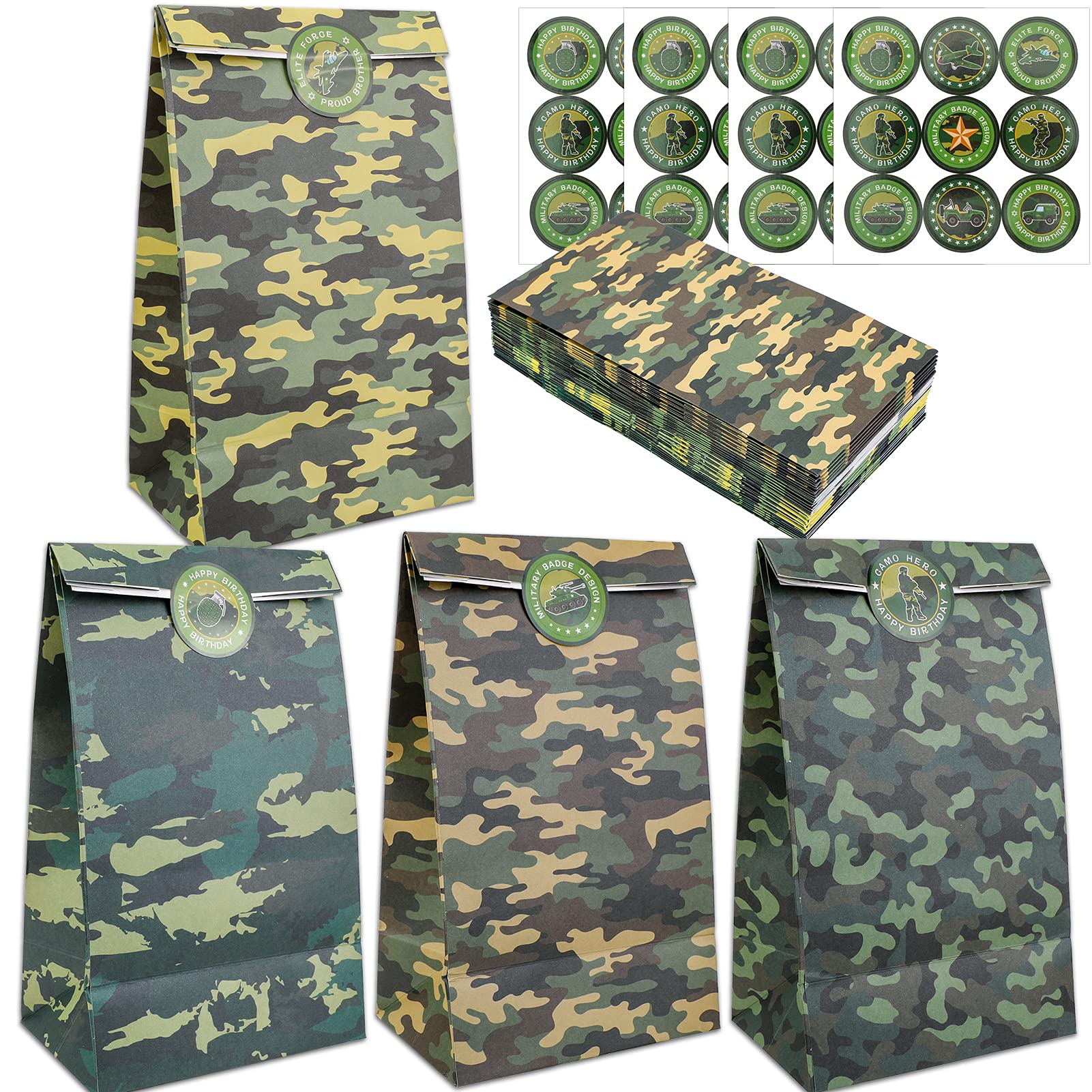 Qpout 24 Pack Camouflage Treat Bags With 36 Stickers, 4 Styles Military Theme Birthday Party Candy Cookie Bags, for Boys Kids Birthday Baby Shower Hero/Camouflage Theme Party Favour Supplies