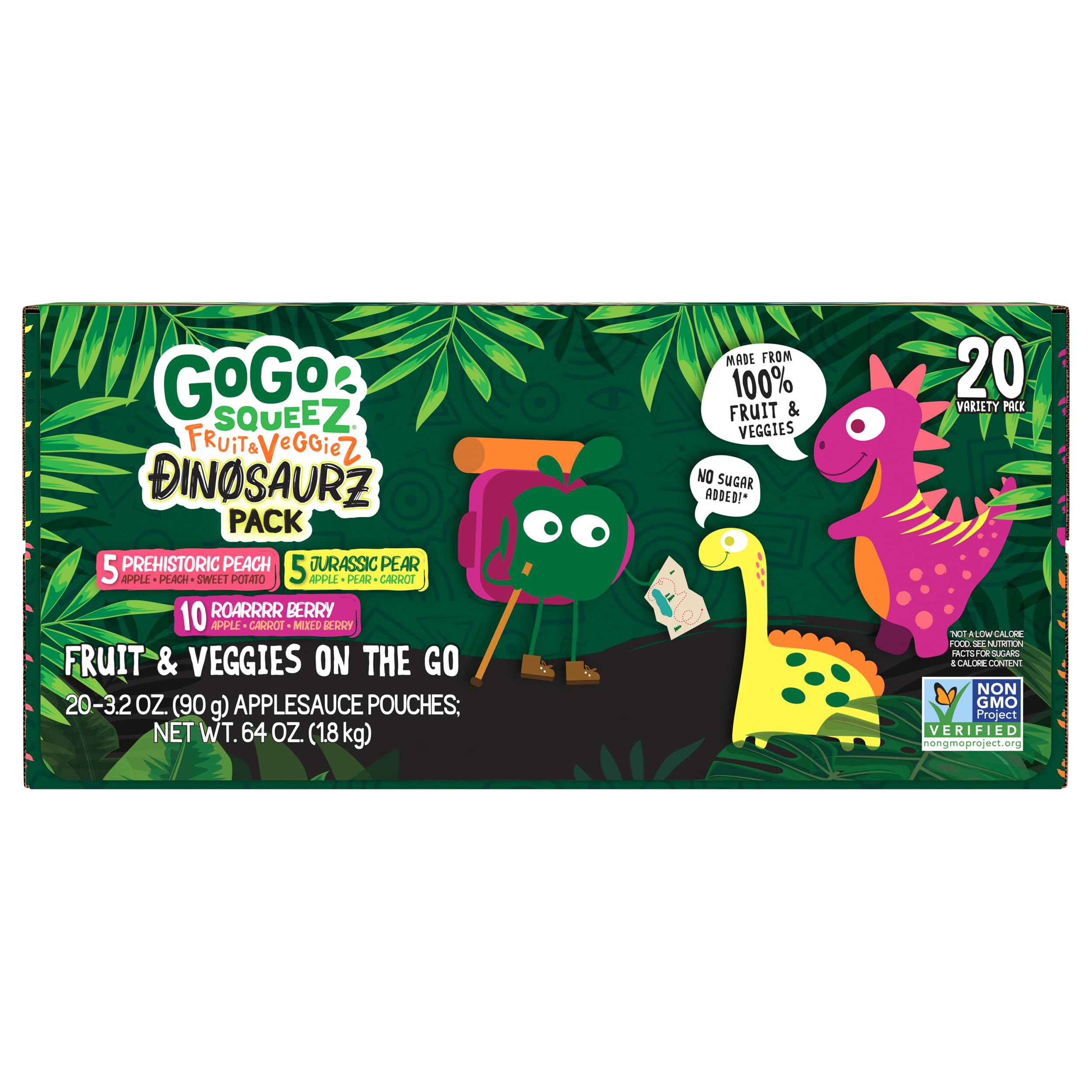 GoGo squeeZ Fruit & veggieZ Applesauce and Puree Variety Pack, Jurassic Pear, Roarrrr Berry & Prehistoric Peach, 3.2 oz (Pack of 20), Unsweetened Snacks for Kids, BPA Free Pouches