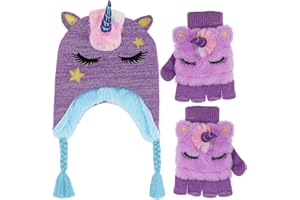 NEWFANCY Kids Girls Cute Glitter Unicorn Beanie Winter Hat and Glove Set Knitted Earflap Cap Flip Top Mitten Set