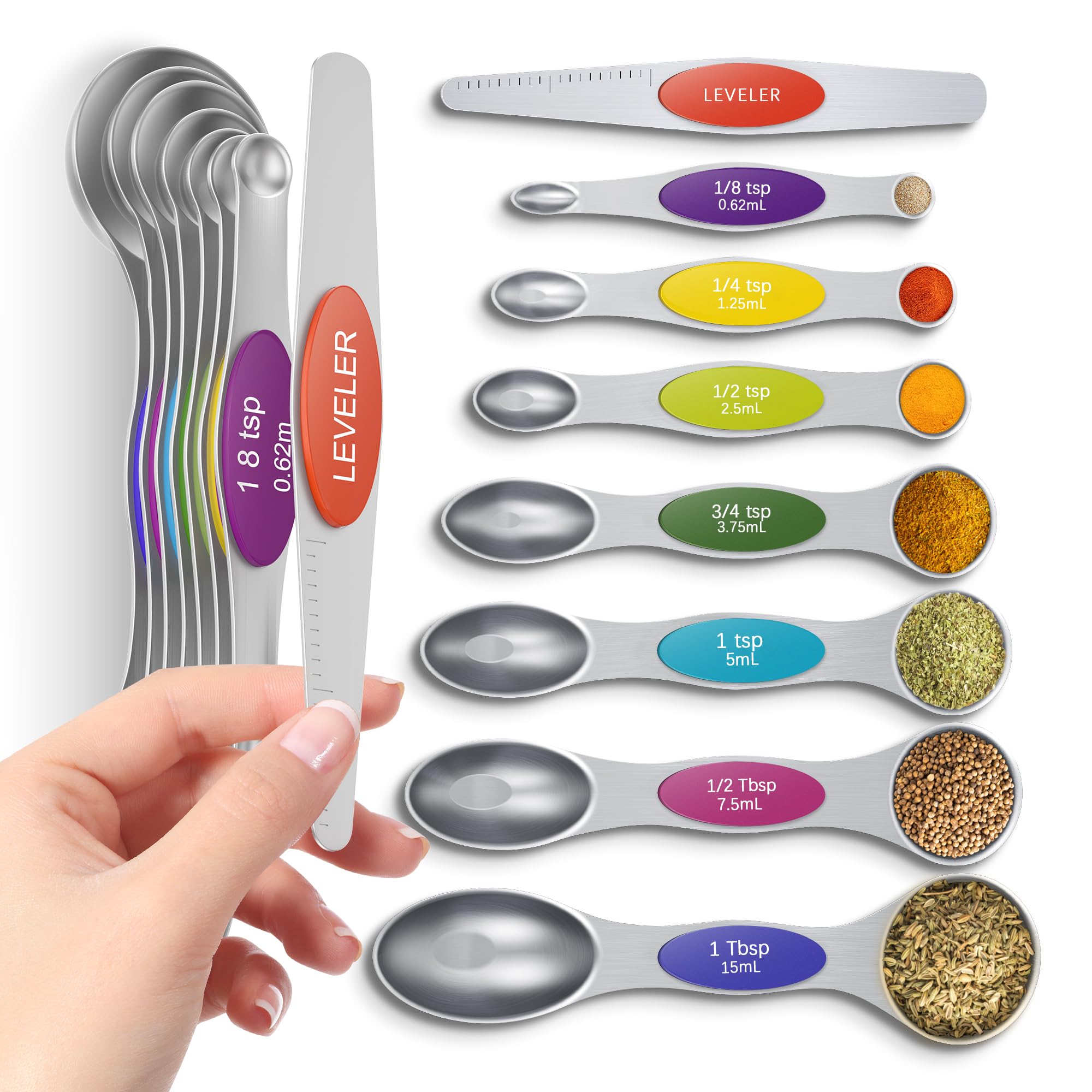 Howgoody Magnetic Measuring Spoons Set Of 8, Heavy Duty 304 Stainless Steel Metal, Fits in Most Kitchen Spice Jars for Baking & Cooking, BPA Free,Measuring Dry & Liquid Ingredients (Light Colorful)