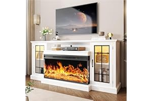 oneinmil 36 Inch 3-Sided Glass Fireplace TV Stand for TVs up to 80", Rustic Media Entertainment Center Console Table with Glass Door Closed Storage, Set of TV Table, White