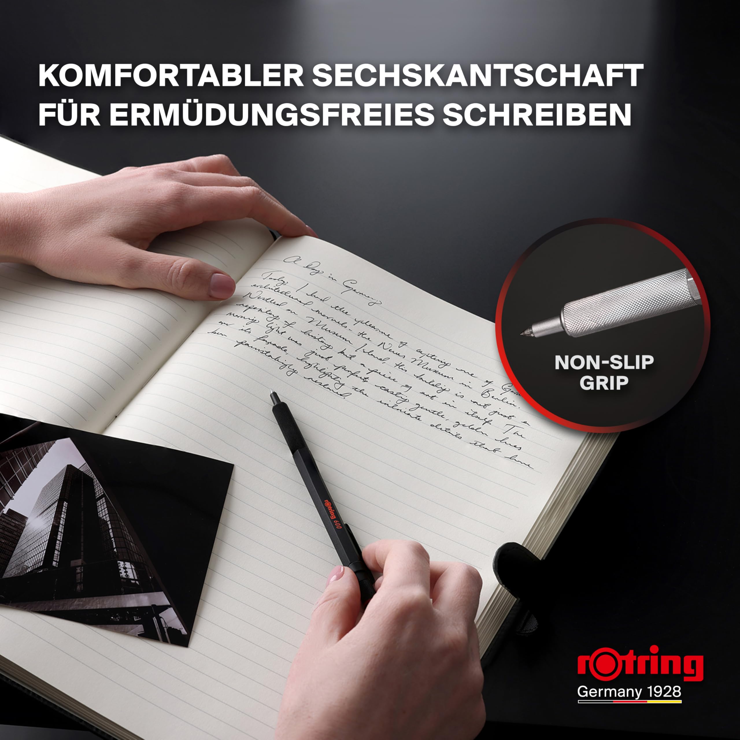 rOtring 600 Gelschreiber | 0,55 mm | Schwarze Tinte | Schwarzes Schreibgerät mit Metallschaft | Rutschfeste, gerändelte Griffzone und Sechskantschaft | Nachfüllbar 4