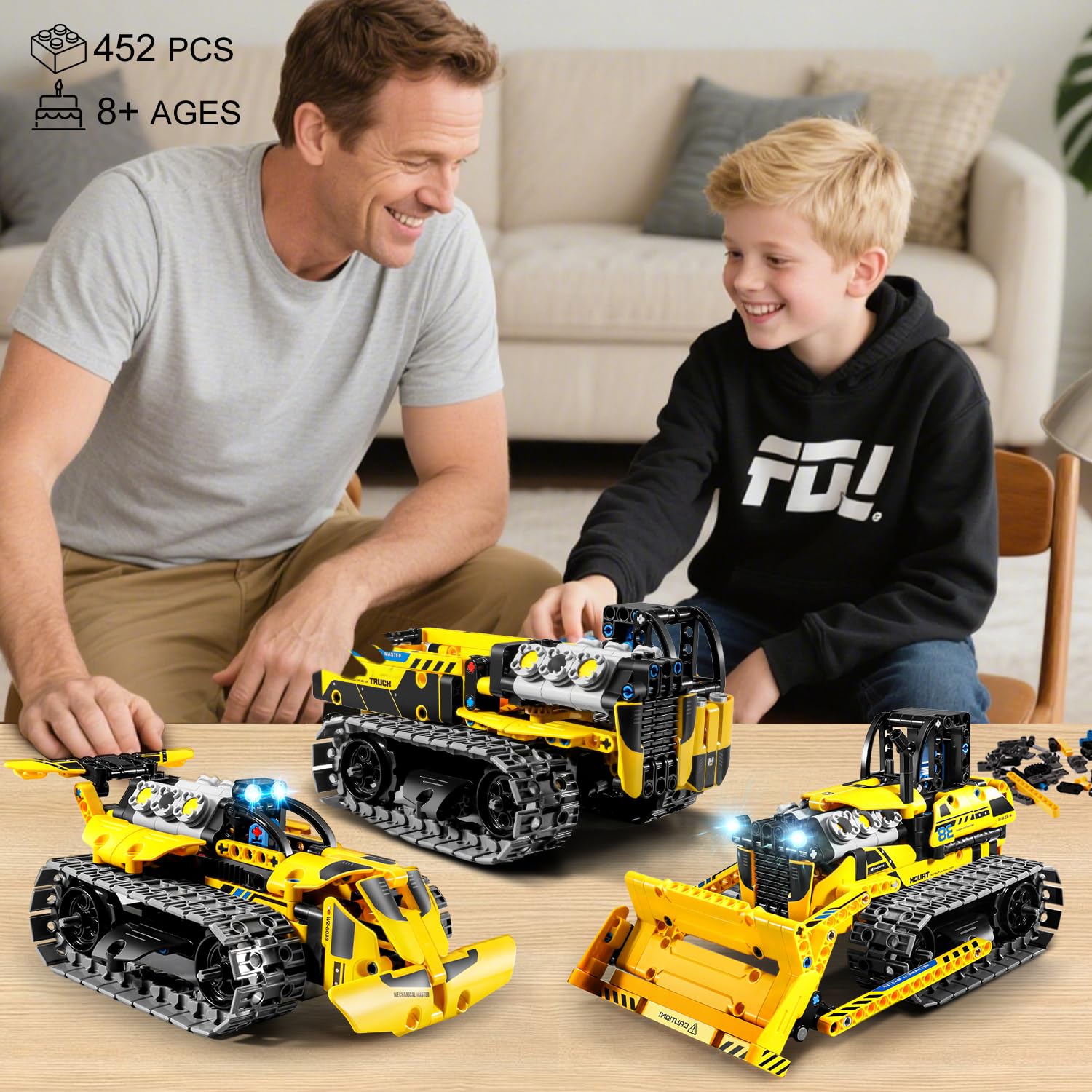 PLAXSOON Technik Ferngesteuertes Baufahrzeug Bauspielzeug mit Wiederaufladbare Akku, 3-in-1 RC STEM Bulldozer Kipplaster Klemmbausteine 452 Stück, Geschenk für Kinder Jungen ab 8-12+ Jahren 6