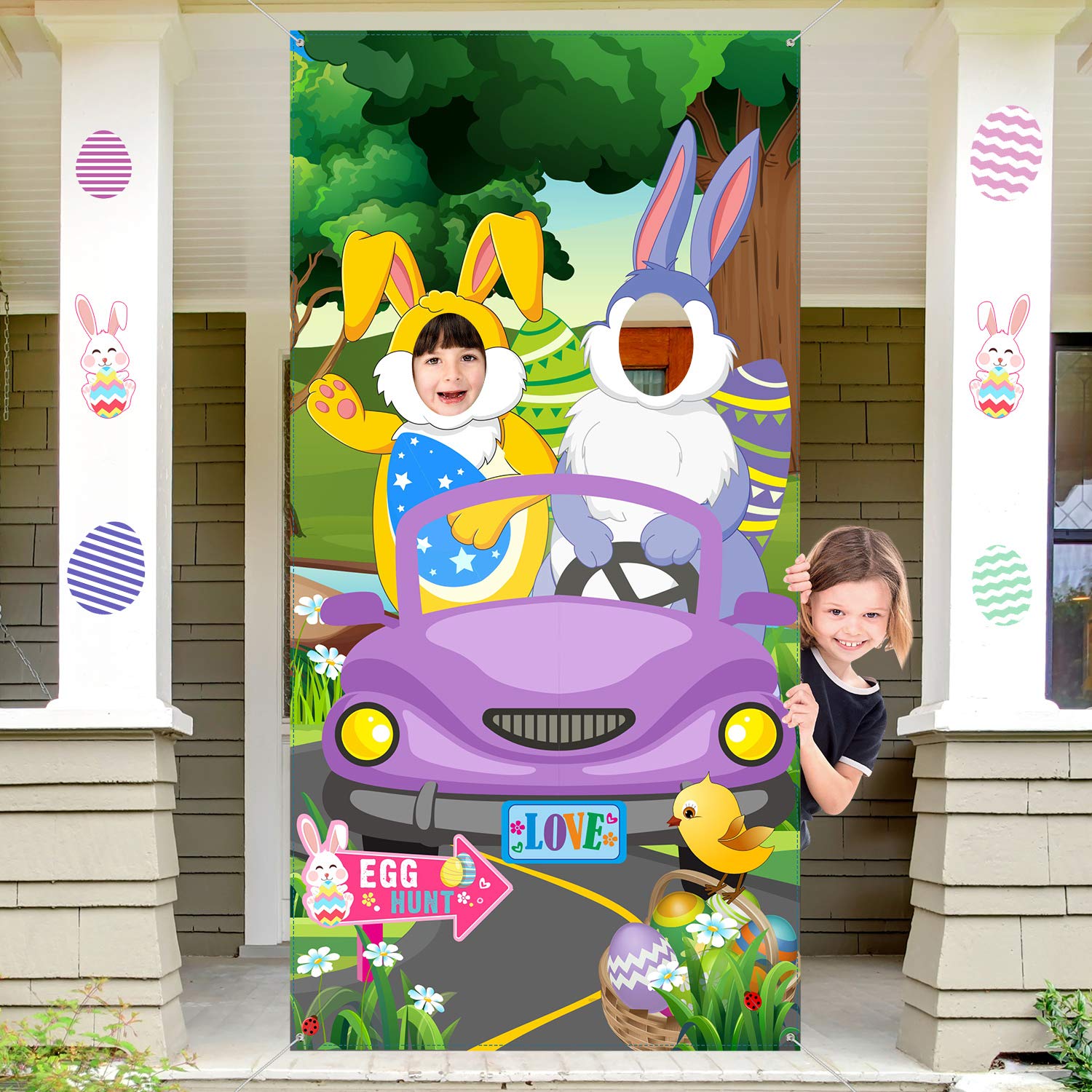 Blulu Easter Party Decorations Bunny Photo Door Banner 6 x 3 Feet Large Fabric Happy Easter Backdrop Photo Funny Jungle Animals Game for Party Decor