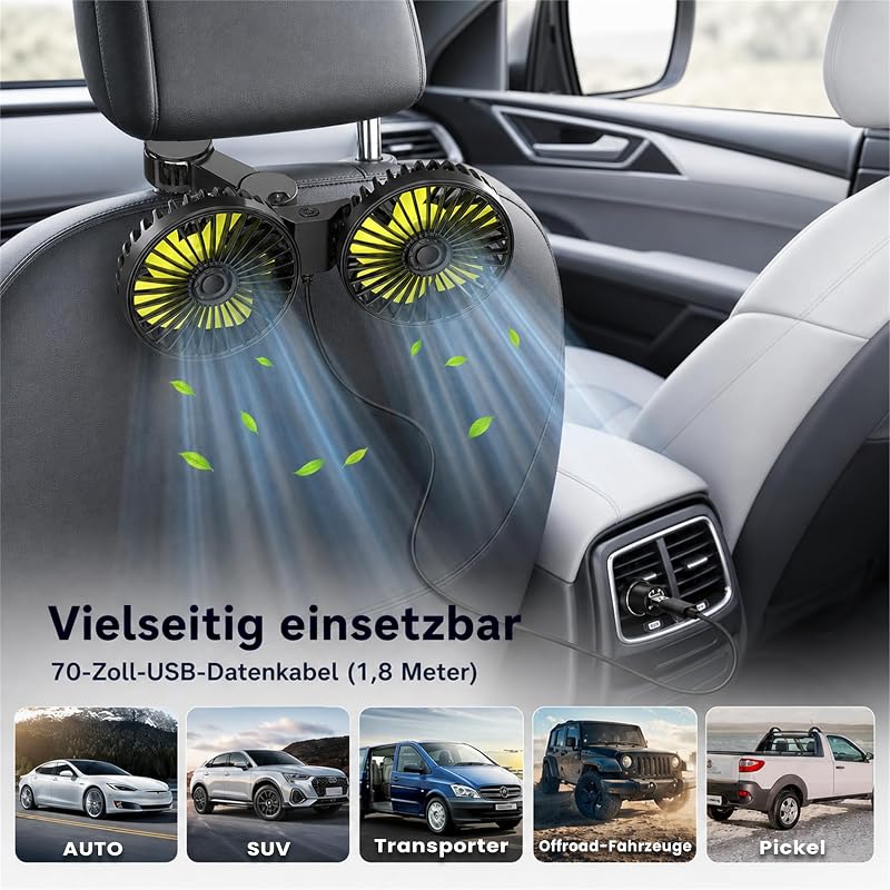 Z0BMIO Ventilatore per auto per sedile posteriore, 12 V, doppia testa, poggiatesta, ventilatore compatto da 12 V, con raffreddamento potente e silenzioso, ventilatore USB girevole a 360°, silenzioso