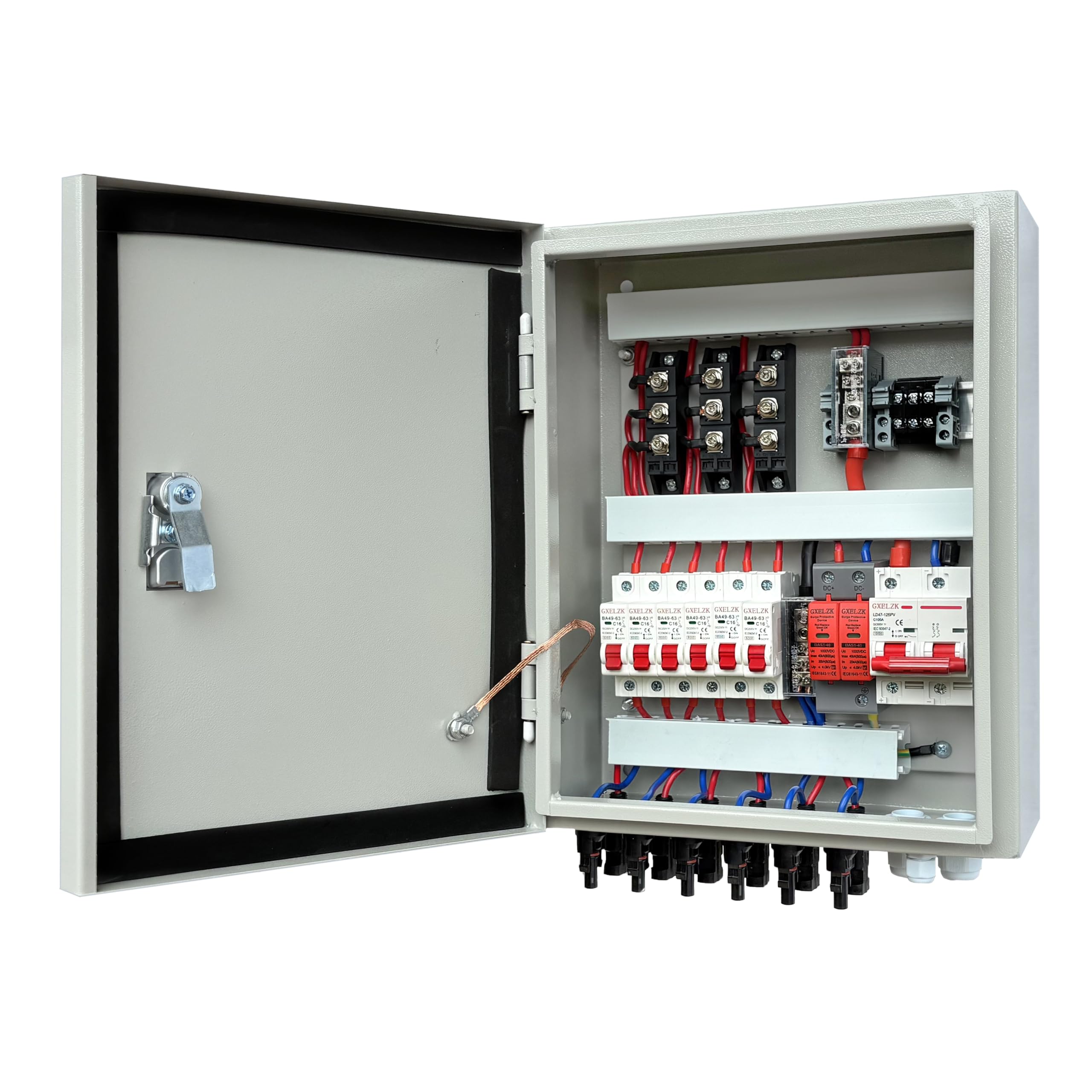 Photo 1 of GXELZK Solar Combiner Box 6 Strings 100A DC Main Circuit Breaker with Power Surge and 16A Circuit Breaker This PV Combiner Box is Suitable for On/Off-Grid Solar Power