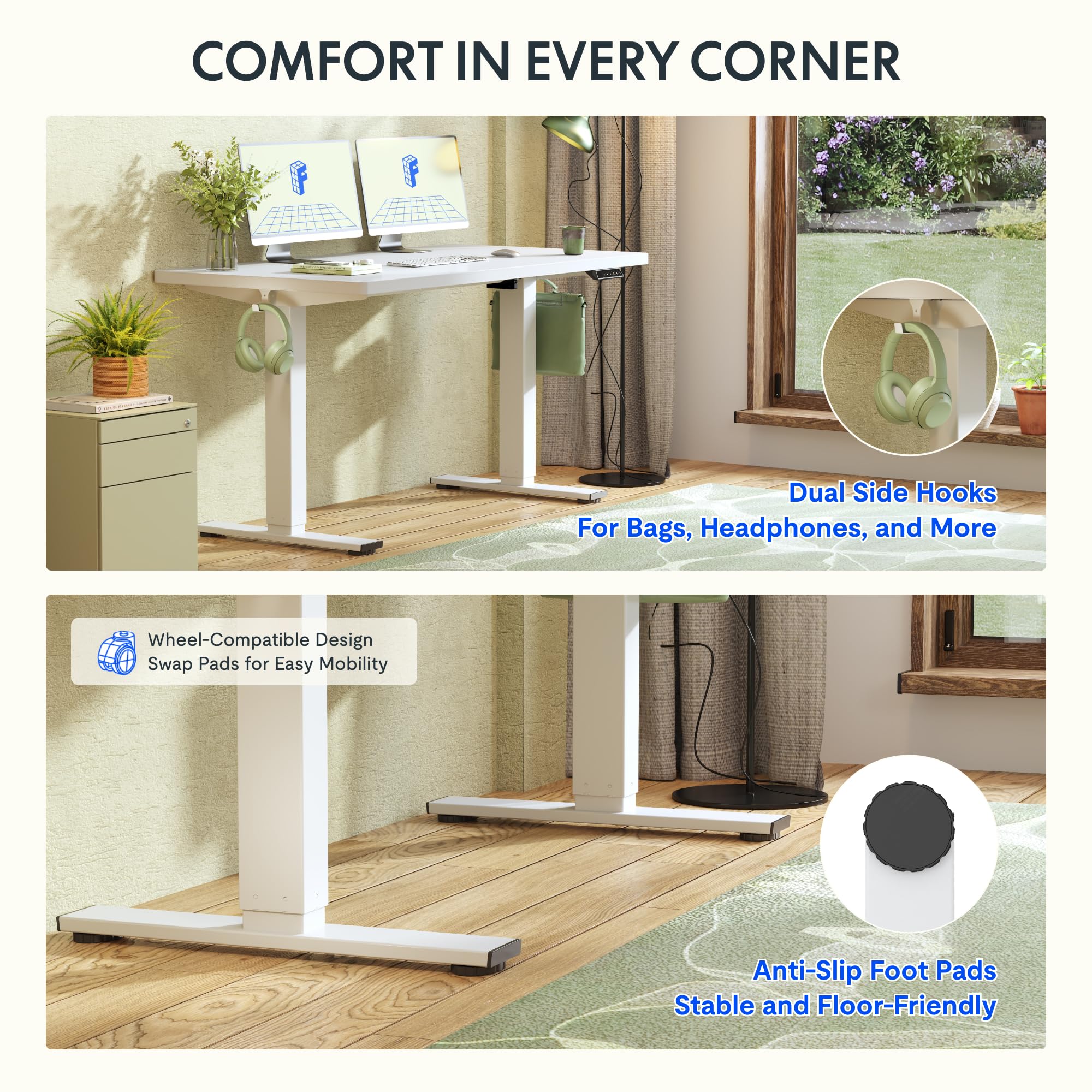 FLEXISPOT Höhenverstellbarer Schreibtisch 160×80cm, mit Haken und 25mm EINTEILIGER Tischplatte, ergonomischer Schreibtisch mit LED-Höhenanzeige und Memory-Funktion (Weiß, Weiß) 7