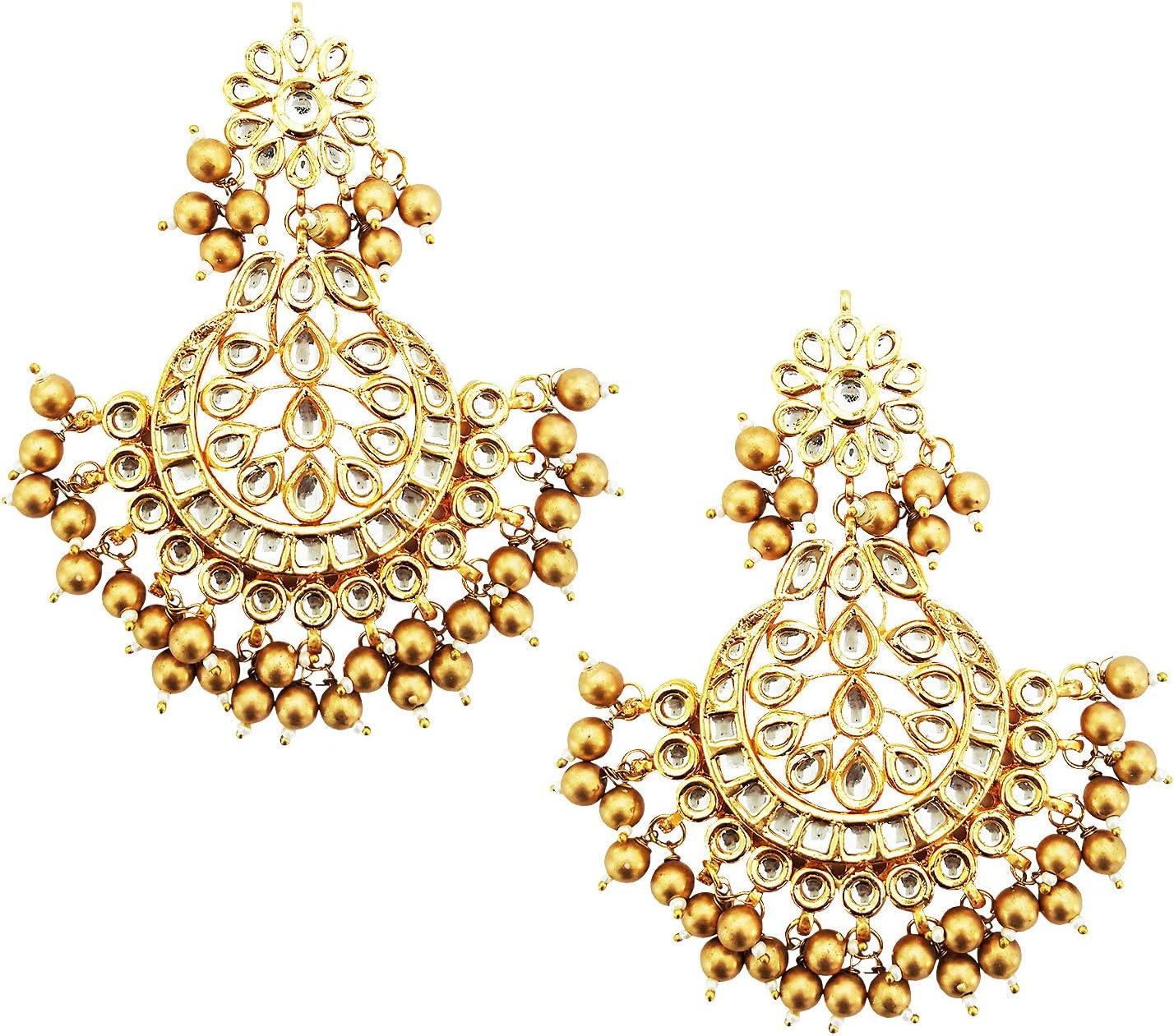 Mehrunnisa Traditional Gold Tone Kundan & Gold Beads Earrings With Free Kan Chain For Women (JWL1473)