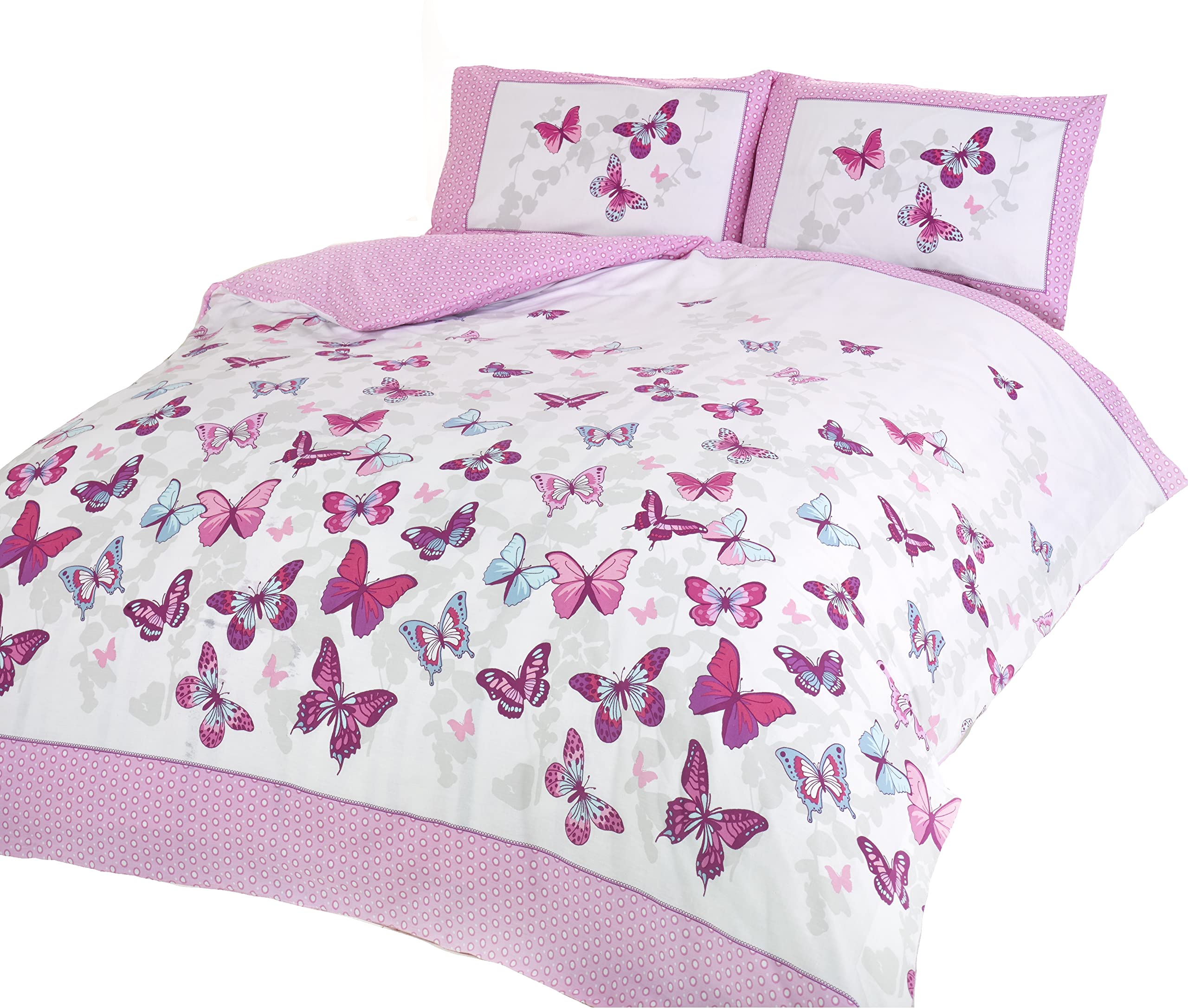 Rapport Home Furnishing Pink Butterfly Single Duvet Cover Set | Reversible Easy Care Polycotton Bedding with 1 Pillowcase - 135x200cm, Twin