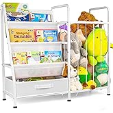 Kids’ Bookshelf & Stuffed Animal Storage – Large White 3-Tier Book Display Rack with Sling Shelves & Fabric Toy Chest | Toy Organizer for Playrooms, Bedrooms, Nurseries