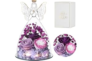 Tiaronics Christmas Rose Gifts for Women Preserved Real Flower in Glass Angel Figurines Roses for Delivery Prime Birthday Gifts for Mom Grandma Girlfriend Wife Her, Colorful Purple