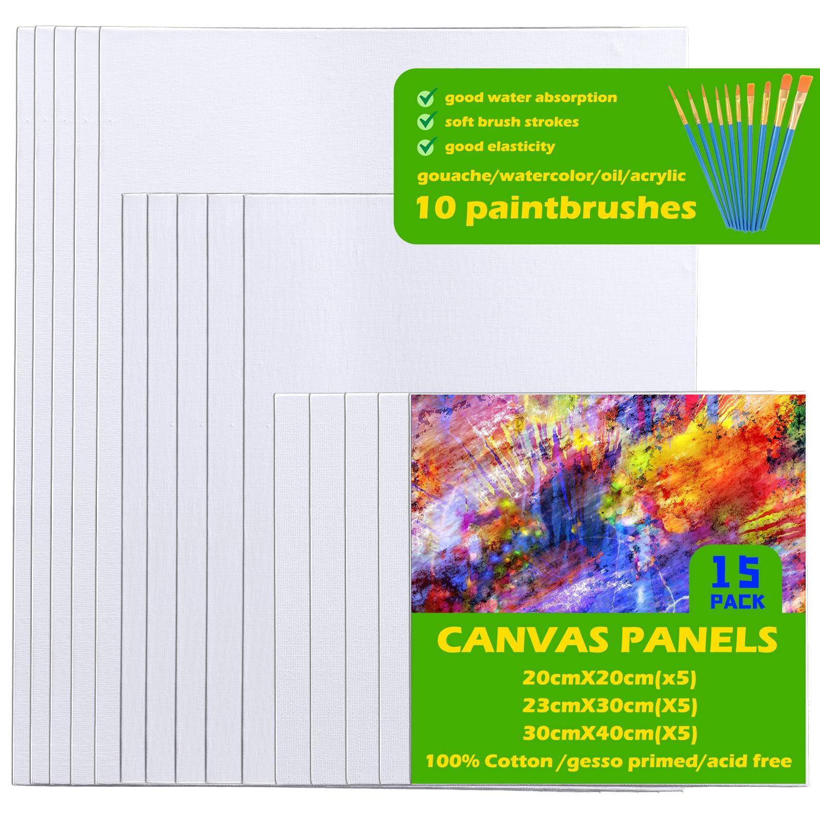 OtumnFS A4 A3 Art Canvas for Painting, 15 PCS Pack Stretched Blank Canvas Boards, 8x8, 9x12, 12x16 Inches (5 of Each), Primed White Painting Canvases for Acrylic, Oil Painting,