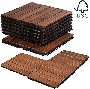 Mammoth Easy Lock Sustainably Sourced Solid Acacia Wood Oiled Finish Interlocking Deck Tiles, Water Resistant Outdoor Patio Pavers or Composite Decking Flooring, Pack of 11 (11 SQFT) (Stripe (6 Slat))
