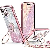 XYZ for iPhone 15 Case with Stand, Phone Case with Double Ring Kickstand, Women Girls Cute Love-Heart Luxury Bling Protective Case Heart for iPhone 15 6.1 inch, Rose Gold