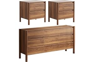 CHUWELL 3-Piece Bedroom Dresser Set-9 Drawer Dresser & 2 Nightstands,63" Wide Dresser and Night Stands with Solid Wood Cylindrical Legs, Rustic Wooden Storage Furniture for Bedroom(Walnut)
