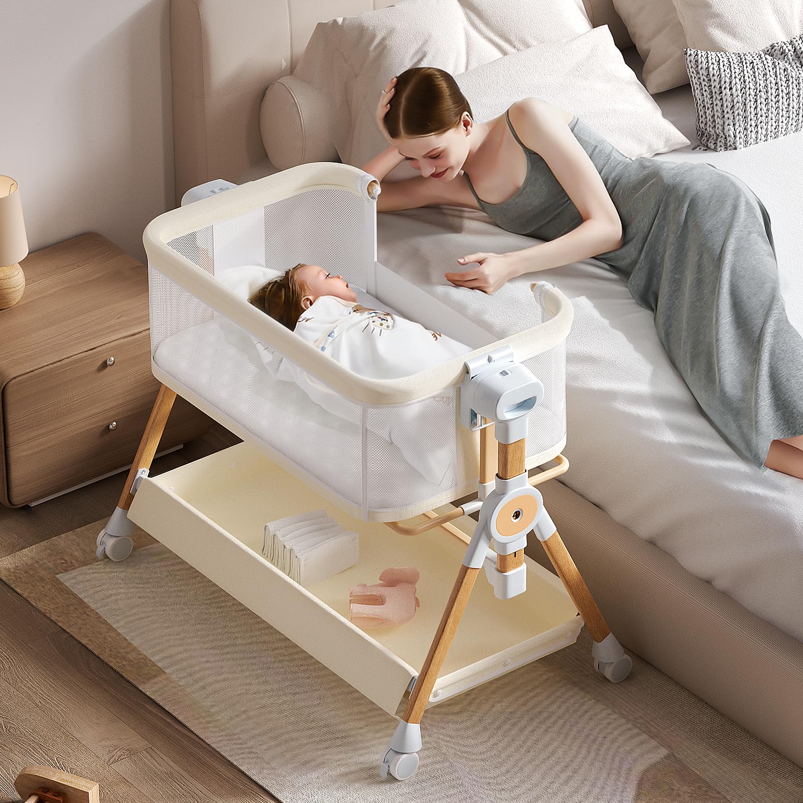 Photo 1 of 3 in 1 Baby Bassinet,Bedside/Rocking Bassinet for Baby,Bedside Crib with Lockable Wheels,Waterproof Mattress,Adjustable 6 Heights,Portable Bassinets Bedside Sleeper for Newborn Infant-Beige