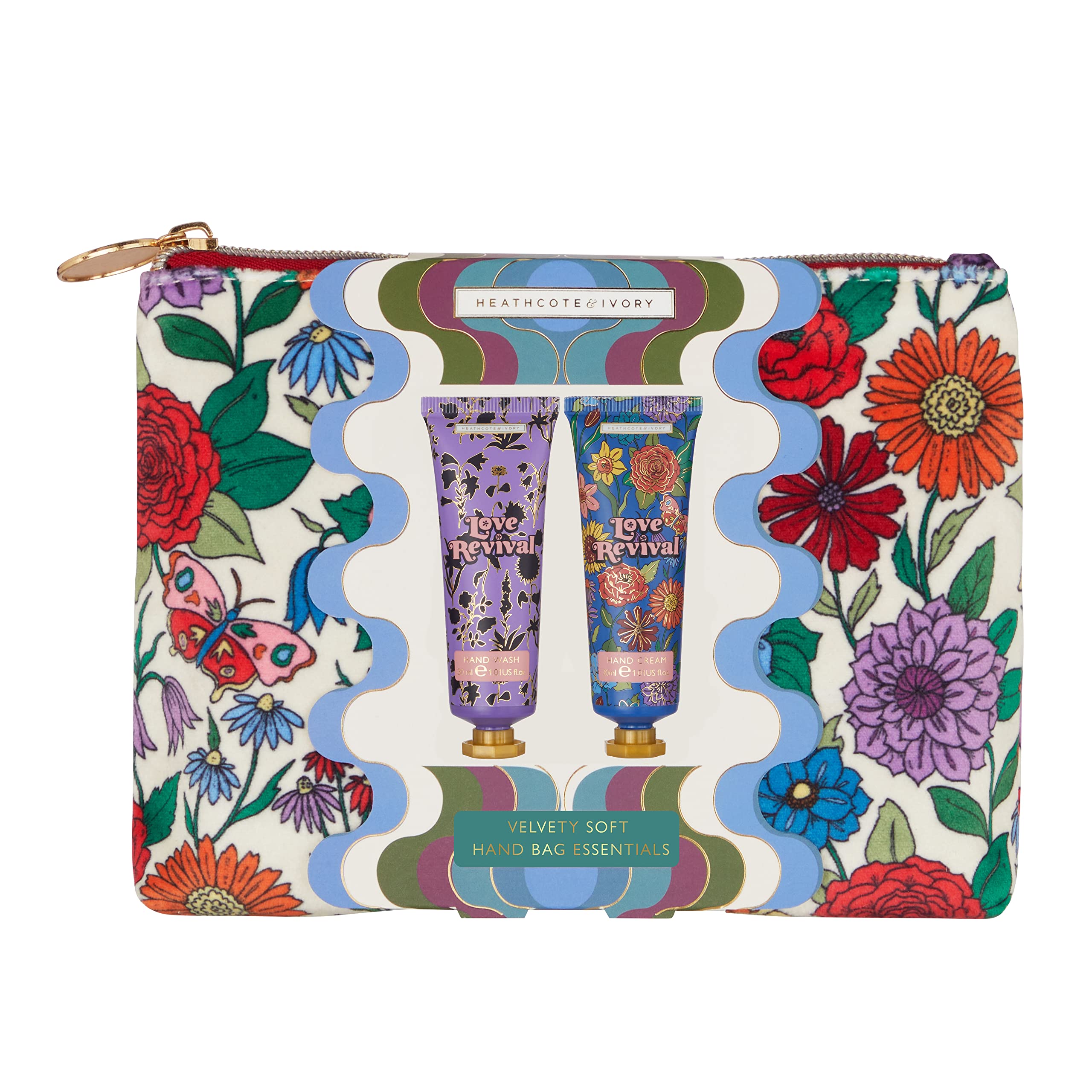 Heathcote & Ivory Love Revival-Velvety Soft Handbag Essentials (Hand Cream 30ml & Hand Wash 30ml in Cosmetic Pouch) - Compact and Luxurious Hand Care on the Go
