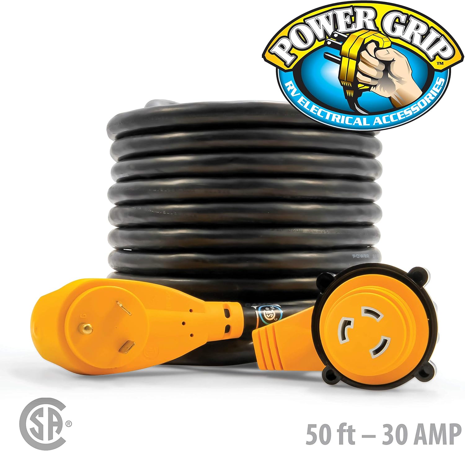 Camco 50’ PowerGrip Extension Cord with 30M/30F- 90 Degree Locking Adapters | Allows for Easy RV Connection to Distant Power Outlets | Built to Last (55525): Automotive