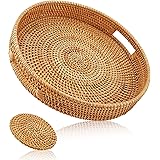 MOVNO Round Rattan Serving Tray with Coaster, Woven Wicker Basket Tray for Coffee Table, Decorative Tray for Bathroom with Wo