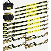 KJE Heavy Duty Car Trailer Tie Down Straps with Reflective - (4) 2" x 10' Ratchet Straps with Snap Hooks, (4) Axle Straps 2" x 36'' - 10,000lbs Break Strength - Use for Car, Truck, UTV Transport