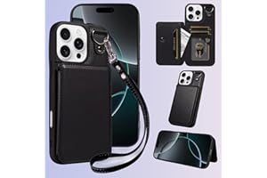for iPhone 16 Pro Max Case Wallet, Card Holder Slot Stand Wallet Leather Cover Bracket with Lanyard Hand Strap Purse Case RFI