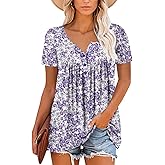 Mystry Zone Womens Henley V Neck Casual Blouse Button Down T Shirts Flare and Flowy Tops