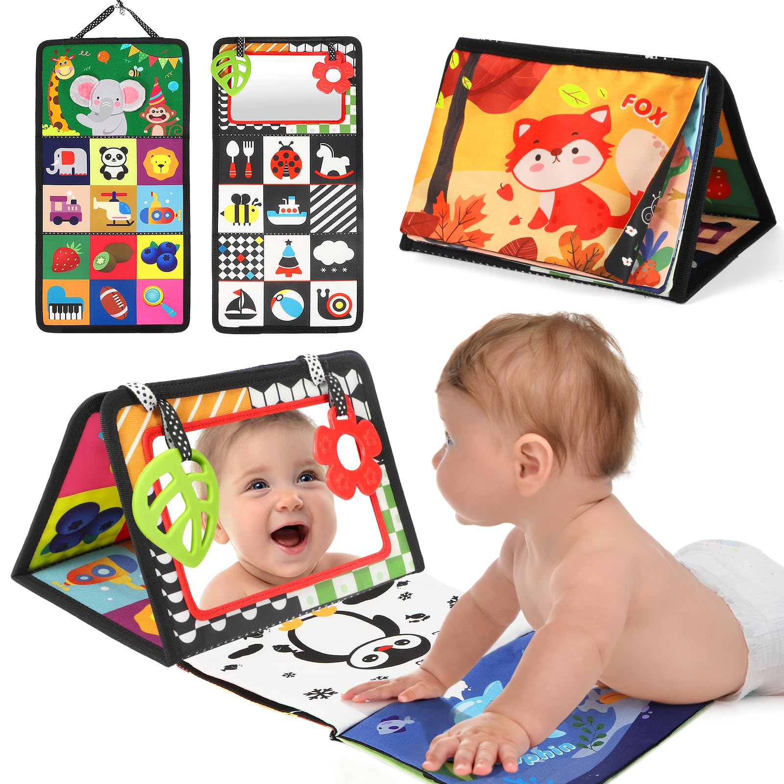 BBWOO Tummy Time Toys, Black and White High Contrast Baby Toys for Newborn, Baby Visual Stimulation Mirror, Montessori Crinkle Book for Infant 0-3-6-12 Months, Boy Girl Shower Gift