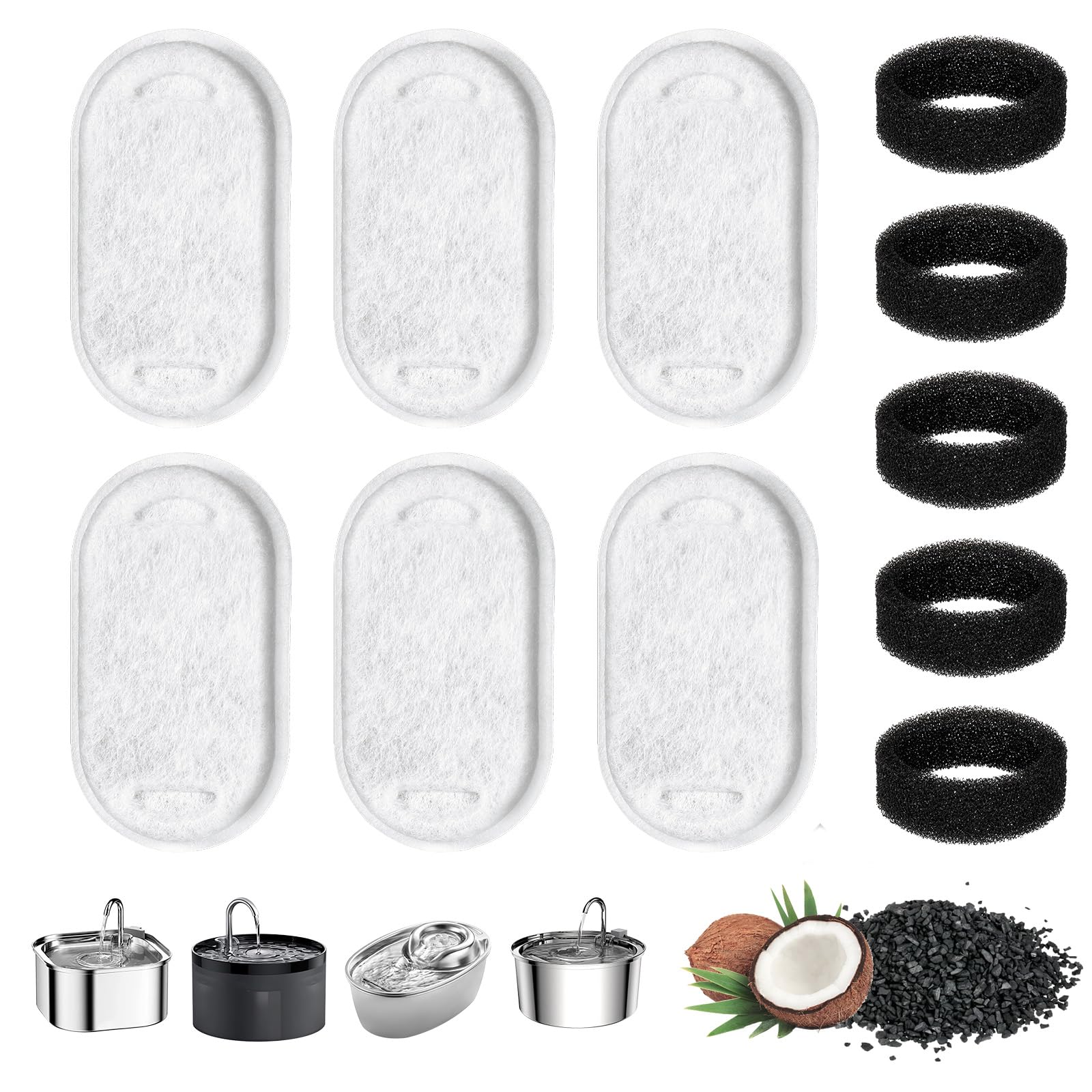 12Pcs Cat Water Fountain Filters, Cat Fountain Filters Set, 6Pcs Activated Carbon Filter and 6Pcs Foam-Filter, Pet Fountains Filter Replacement for 3.2L/2L Cats Drinking Dispenser ﻿
