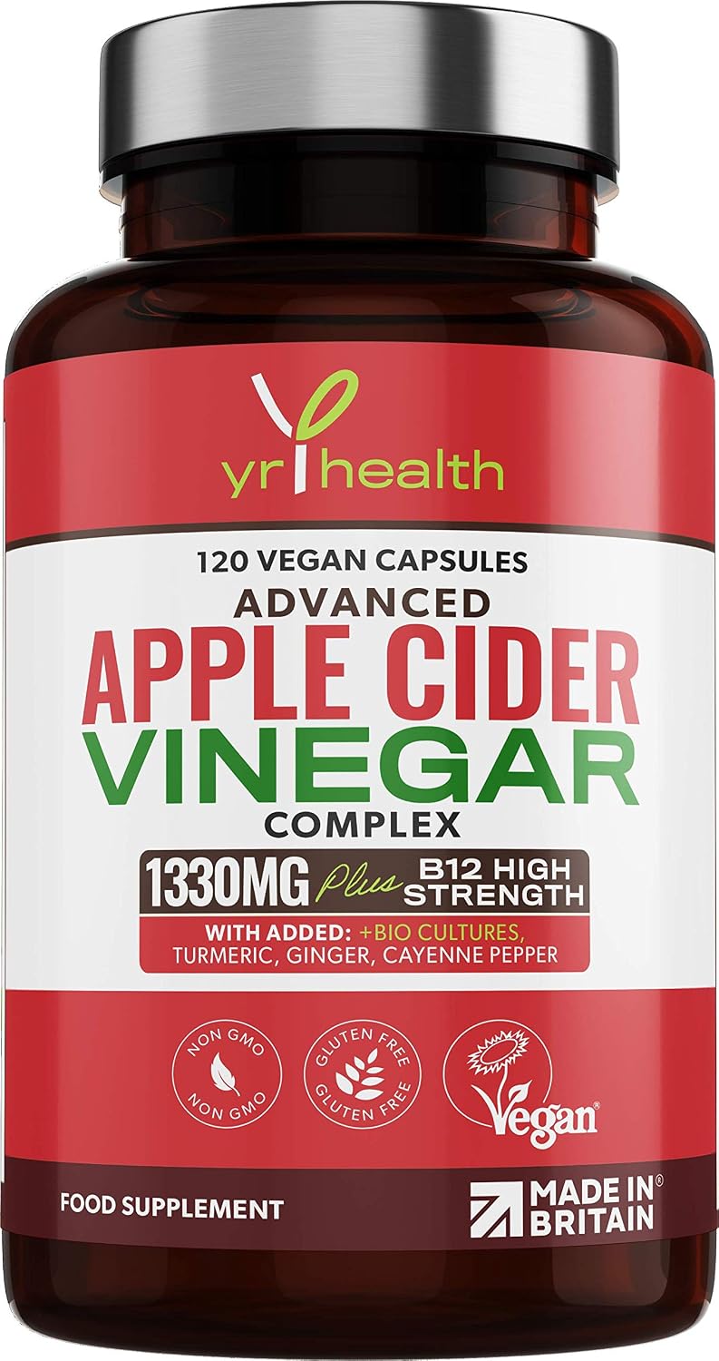 Apple Cider Vinegar Capsules Max Strength with Cayenne Pepper, Bio-Cultures, Turmeric, Ginger, Vitamin B12, 1330mg