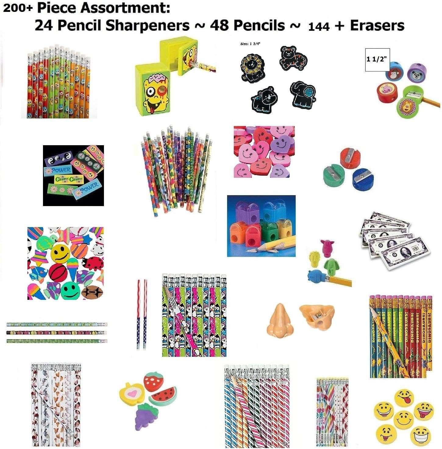 200+ Pc Back To School Assortment ~ 48 Pencils / 24 Sharpeners / 144+ Erasers