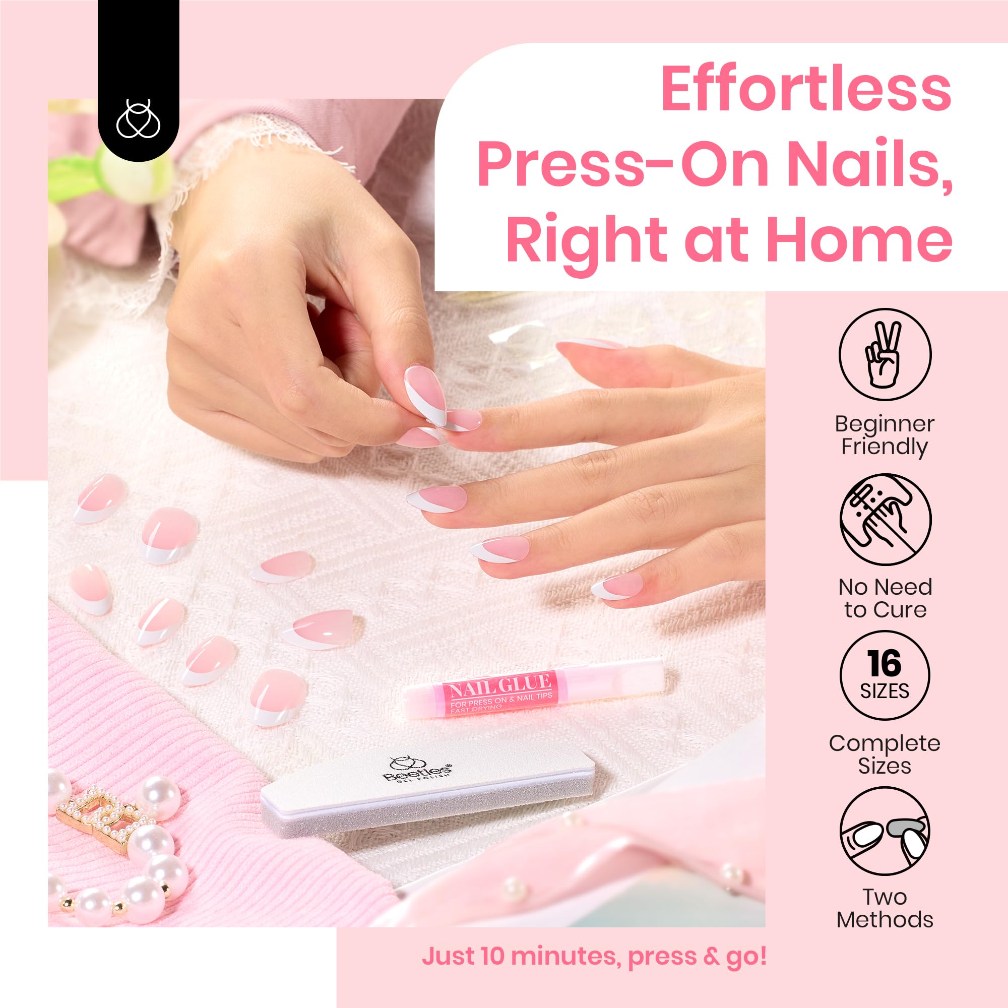 Beetles Almond Press On Nail,64 psc Pink Ombre Press On Nails 16 Sizes XS Short Almond Pink Ombre Fake Nails 2 Set Press On Nails with Nail Glue & Double-Sided Adhesives Nails Press Ons for Women - Image 7