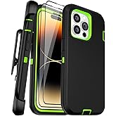 BypaBox for iPhone 14 Pro Max Case 6.7" with 2 Screen Protector and Belt Clip Holster Kickstand, Heavy Duty Military Grade Full Body Protection Phone Cover (Belt Clip,Black+Green)